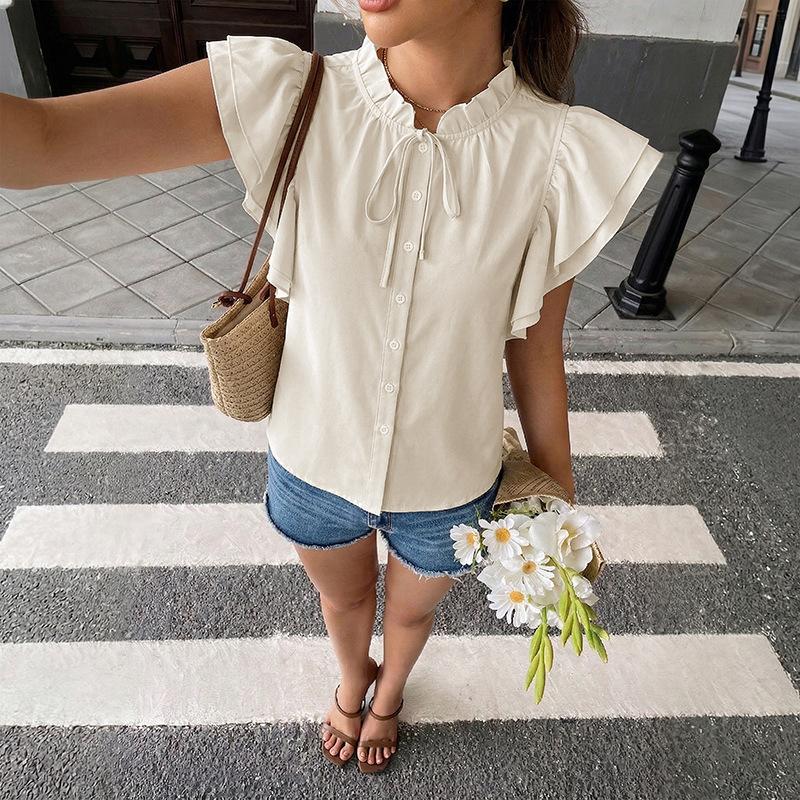 Women s Ruffle Sleeve Tie Neck Blouse – Button Front Summer Top, Casual Flowy Shirt for Everyday S