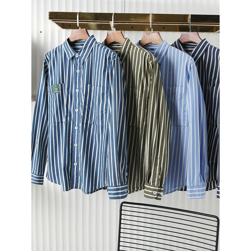 Japanese Style Classic Cotton Export Tail Goods Men Spring and Autumn Pure Cotton Stripes Loose Long Sleeve Shirt Outwear Men