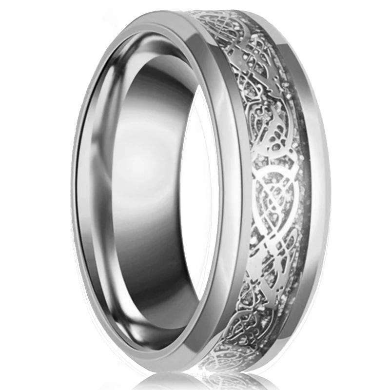 Fashion 8mm Men's Stainless Steel Celtic Dragon Ring Inlay Red Green Black Carbon Fiber Ring Wedding Band Charm Jewelry Gifts