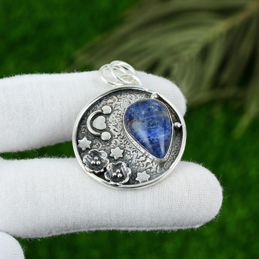 Natural Sodalite Gemstone Pendant 925 Sterling Silver Indian Jewelry For Women