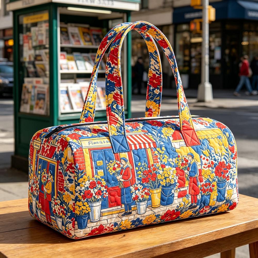 Gesteppte Reisehandtasche Lebendiger Pariser Blumenladen-Druck Wochenendtasche Bohemian 3D Freizeitreise Kräftige Grundfarben Blumenmarkt Florist Grafik