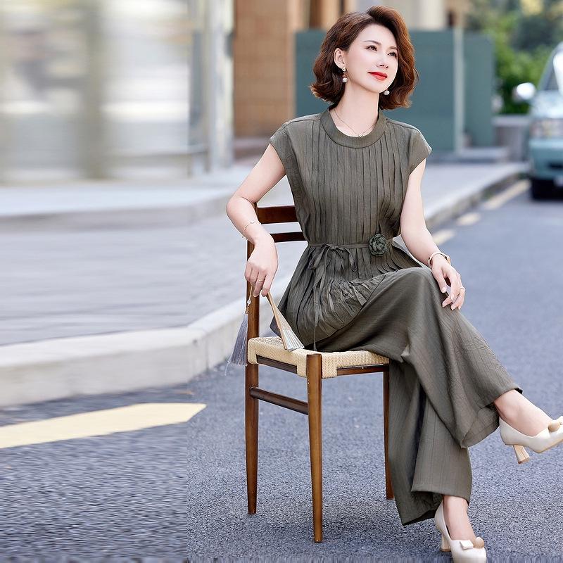 Chic Chiffon Suit: Round Neck Top & Wide-Leg Pants for Women 2026