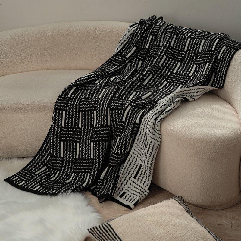 

Винтажный вязаный плед для дивана в черно-белую полоску - Офисный плед для сна для одного человека 127x152cm