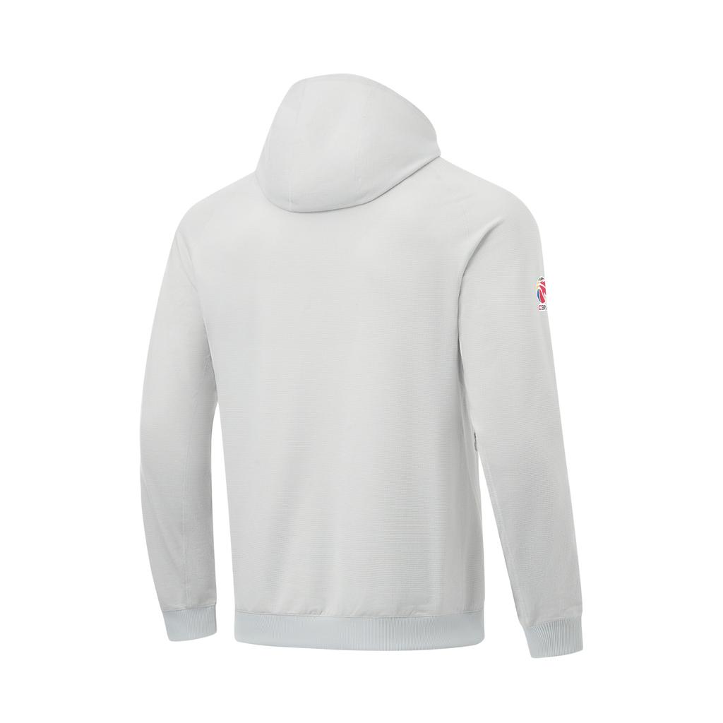 Li Ning CBA Professional Basketball Series Logo Print Sweat-Absorbing Hooded Fleece Sweatshirt Men Sweatshirt Chuan-Stone-Grey AWDT883-6