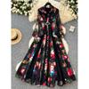French Dress 2025 New Arrival Fashion Elegance Retro Lapels Long Sleeves Waist-Tight Lace Patchwork Printed Long Dress