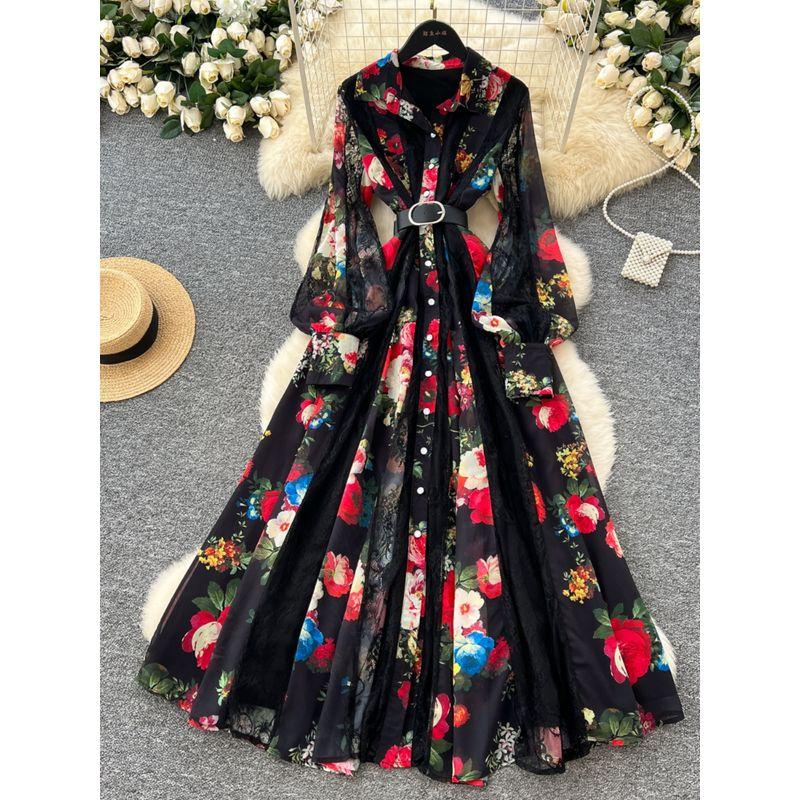 French Dress 2025 New Arrival Fashion Elegance Retro Lapels Long Sleeves Waist-Tight Lace Patchwork Printed Long Dress