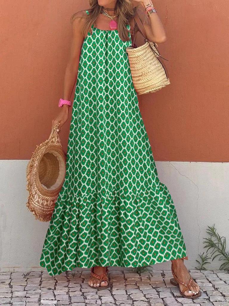 Böhmisches Langkleid mit Rüschenkante, Spaghettiträgern und V-Ausschnitt