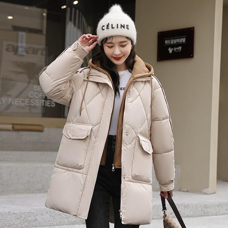 Womens Warm Puffer Coat With Hooded Design Loose Fit Mid-Length Winter Jacket Cotton-Padded Outerwear