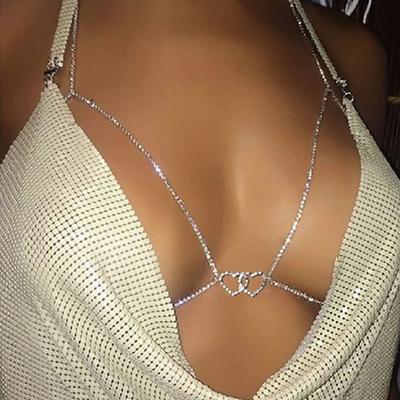 Europäische und amerikanische Mode, beliebte sexy glänzende Doppel-Herz-Halter-Brust-Halskette, Bikini, Nachtclub, Diamant-Körperketten