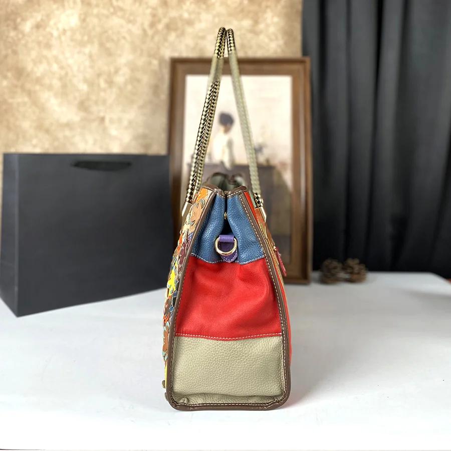 New Tote Women'S Handbag, Large Capacity Genuine Leather Flower Shoulder Bag, Cowhide Commuting Crossbody Bag