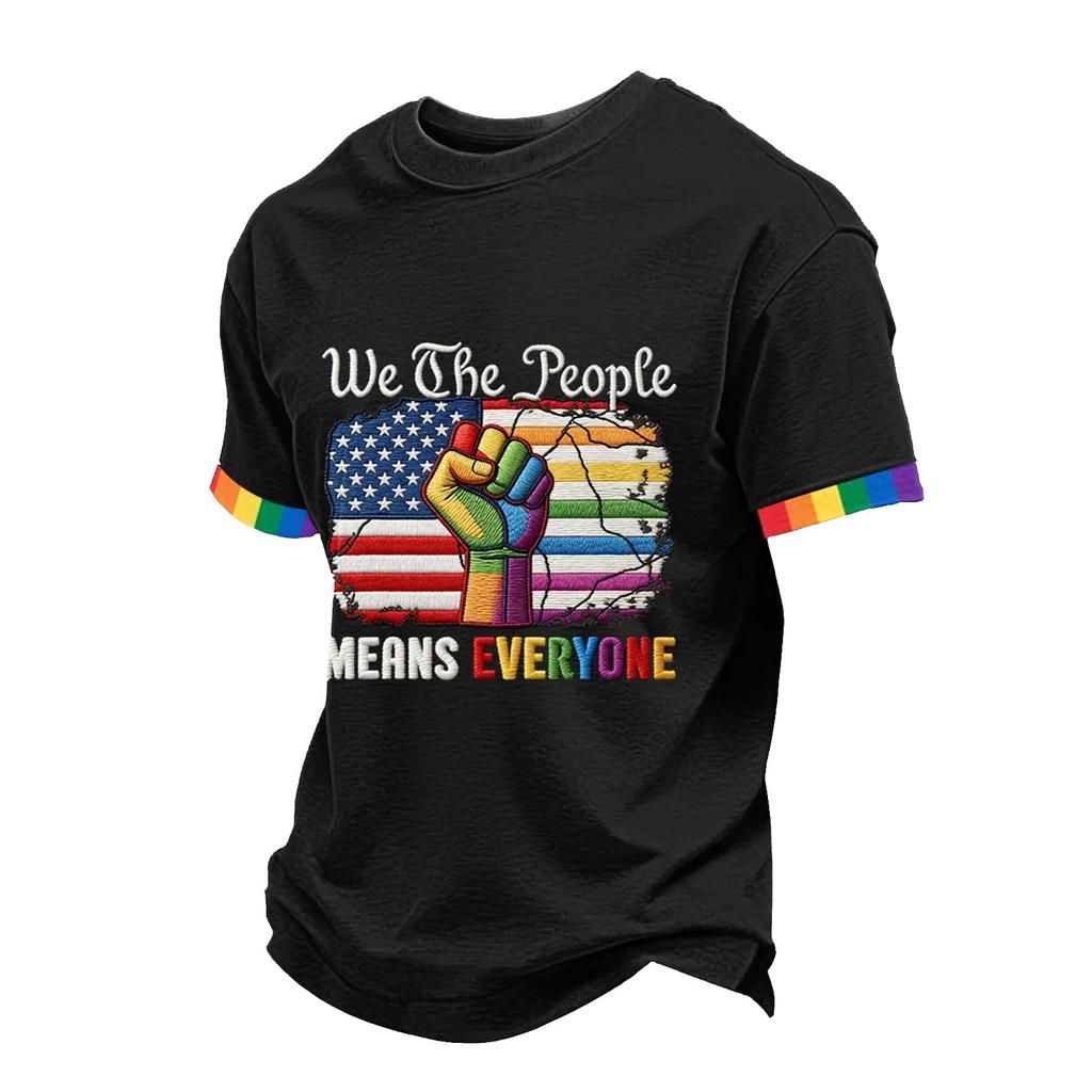 Short Sleeve Crew Neck T Shirt with Graphic Print United States Flag Raised Fist Lettering Design Casual Fit Unisex Top