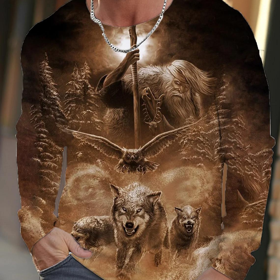 ETST 03 Vintage Heren T-shirt met lange mouwen, 3D-printoverhemden, Mode Dierenwolf Grafische korte mouwen, Oversized streetwear tops, T-shirts L