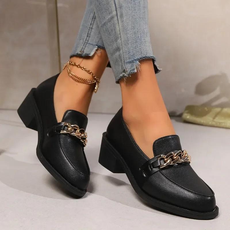 Fashion Female Shoes On Sale 2024 High Quality Slip On Women's Pumps Autumn Pointed Toe Chain Solid Dress Chunky Heels Plus Size Shoes