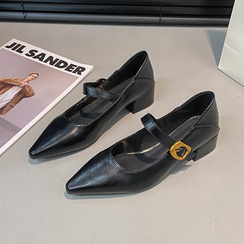 

Высококлассные остроносые кожаные туфли-лодочки женские осенние новые корейская версия французский нежный сказочный темперамент туфли Мэри Джейн на высоком каблуке 40 чёрный