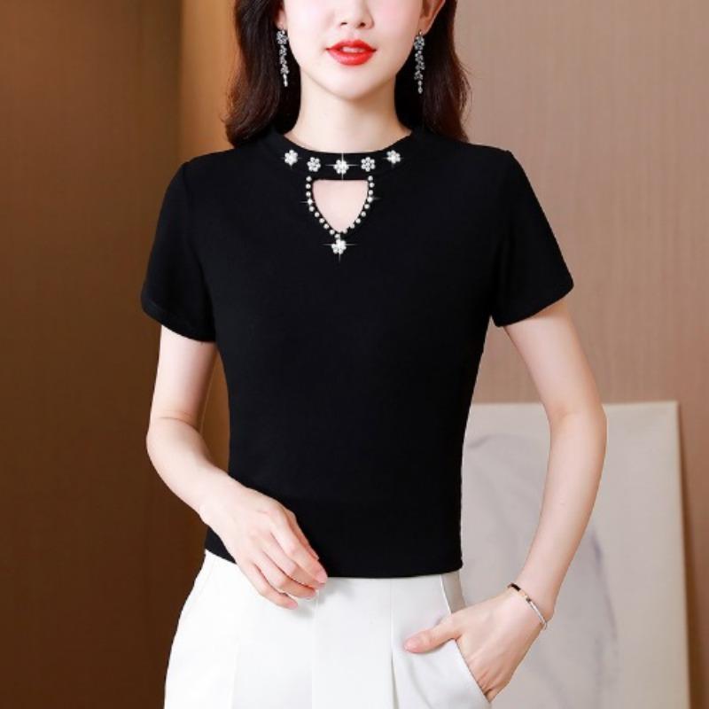 Ice Silk Shirt for Women Short-sleeved T-shirt In Summer New Slim and Versatile Modal Solid Color Thread Base Shirt Top