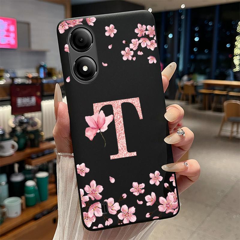 Black Case For ZTE Blade A33S Fundas Beautiful Flower Printing Initial Letters Phone Casing Soft Silicone Protective Back Cover