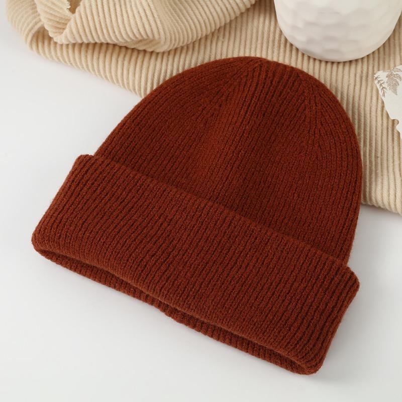 Winter Autumn Thick Knit Hat Solid Color Folded Brim Warm Outdoor Ski Hat