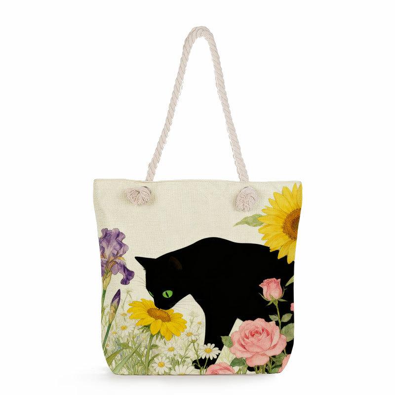 Multifunctional Black cat  Printed Thick Rope Shoulder Beach Bag 7579