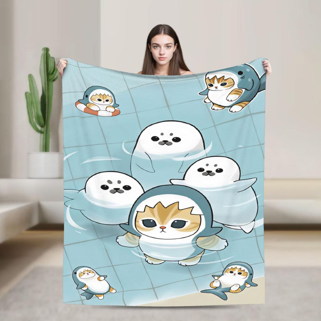 Mofusand Japanese Shark Cat Blankets Quality Warm Cozy Throw Blanket Autumn Picnic Chair Sofa Bed Graphic Bedspread