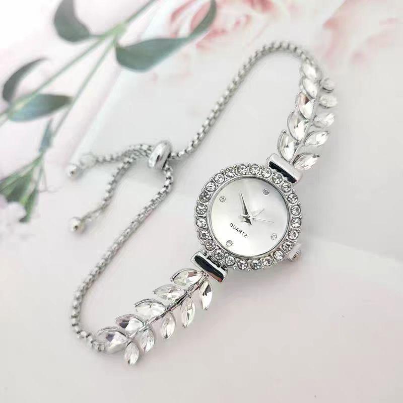 Hand bracelet watch Fashion Diamond Leaves Round Women's Watch Simple Dial Free Adjustment Bracelet Gift Watch Elegant Fashion Quartz Watch