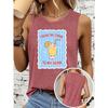 Women's Sleeveless Vest T Shirt Drink Straw Blue Striped Letter Print Casual Crew Neck Top Soft, Skin-friendly, Breathable, Comfortable, Machine