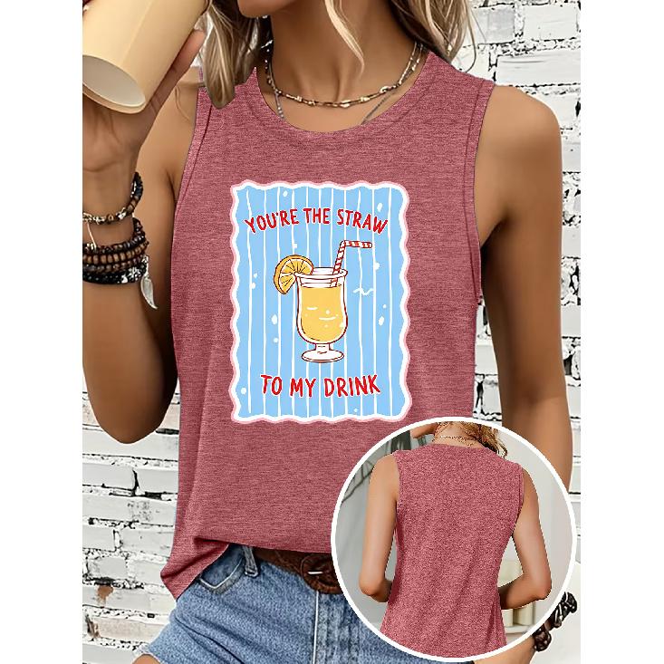 Women's Sleeveless Vest T Shirt Drink Straw Blue Striped Letter Print Casual Crew Neck Top Soft, Skin-friendly, Breathable, Comfortable, Machine