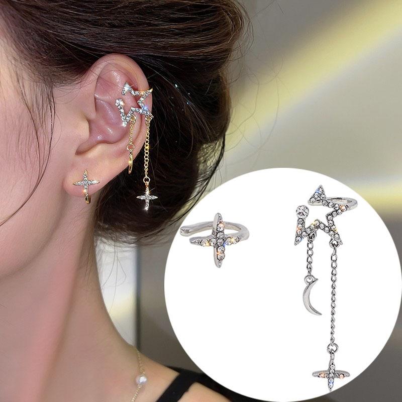 Sparkling Asymmetric Zircon Star Moon Ear Clip for Women Without Piercing Cross Tassel Ear Cuff Clip Earrings Wedding Jewelry