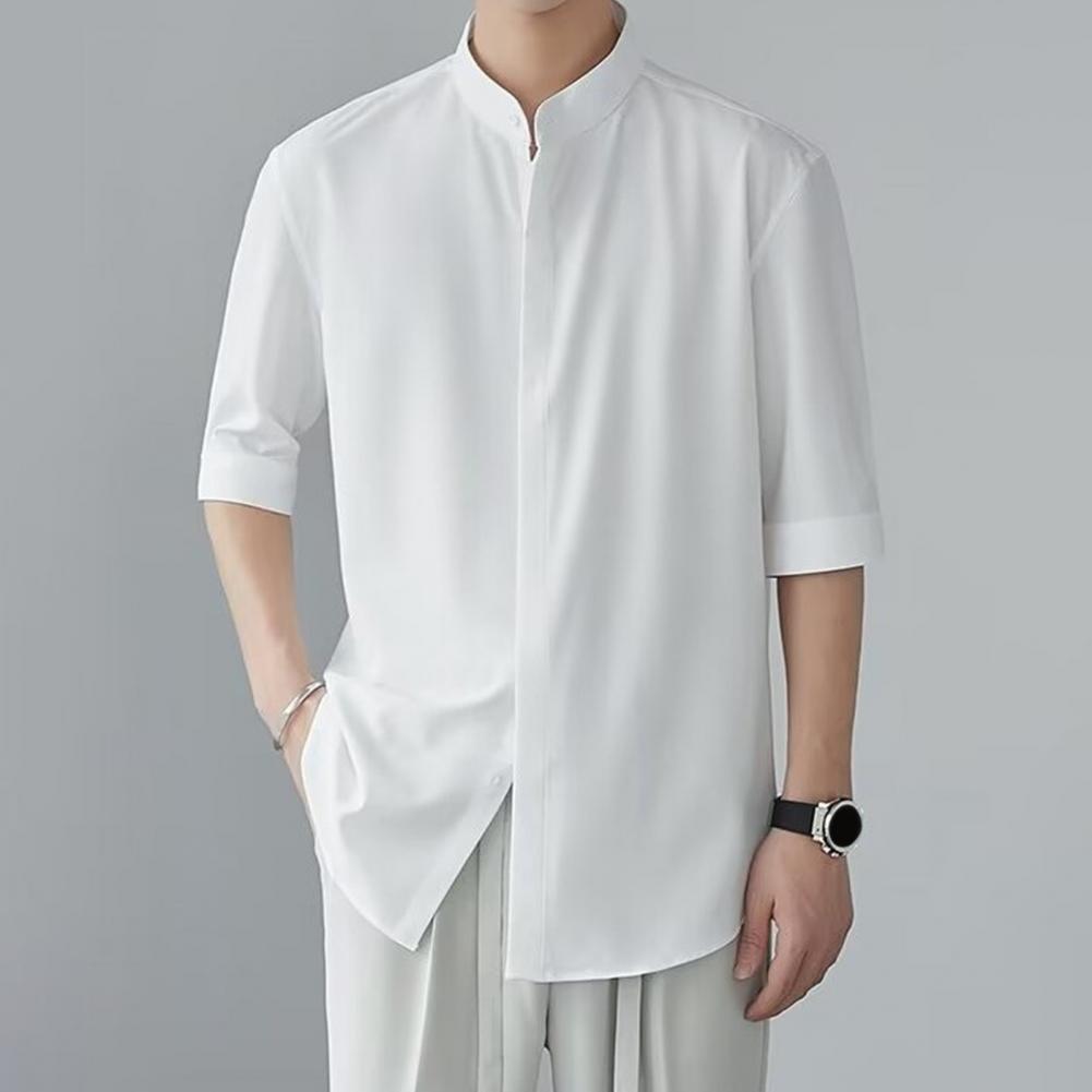 Men Blouse Latest Chinese Style Stand Collar One Tone Relaxed Fit Mid Sleeves Everyday Daily Wear Mid Length Office Top