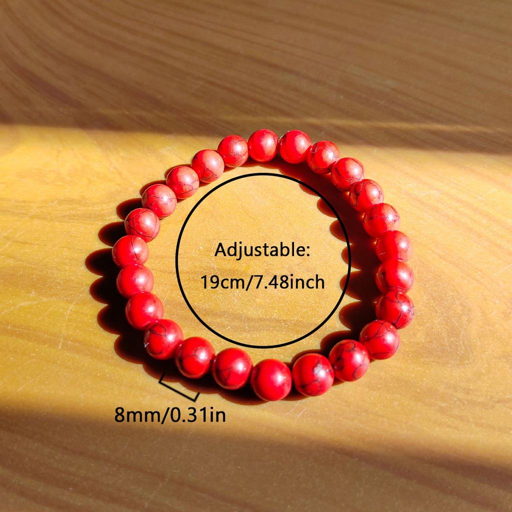 Single Natural Stone Beaded Elastic Bracelet | Turquoise/Red/White Marble Pattern Gem Wristband, Suitable for Daily Wear, Vintage and Simple Style