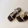 Soft Leather Version~ Niche French One-word Cool Slippers Women's Open-toed Square Head Temperament Roman Shoes Flat Beach Shoes