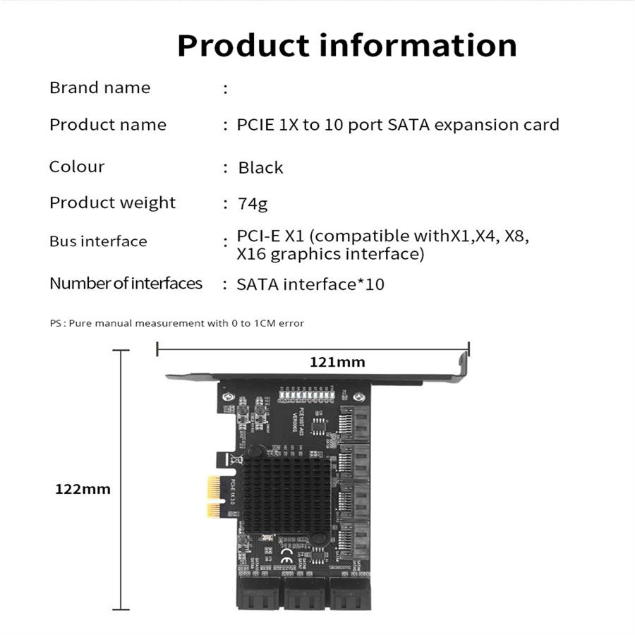 SATA PCIE 1X Adapter 10 Ports PCIE X4 X8 X16 to SATA 3.0 6Gbps Interface Rate Riser Expansion Card for Desktop PC Computer Converter Supports 32TB