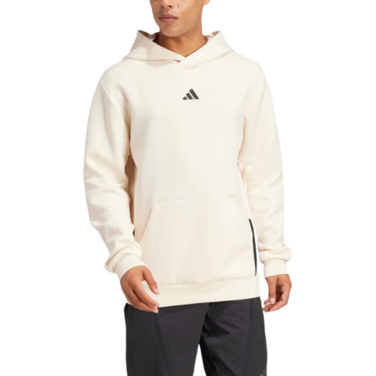 Adidas Designed For Training Hoodie Logo Print Pullover Long Sleeve Sweatshirt Men Hoodies Beige JI6259