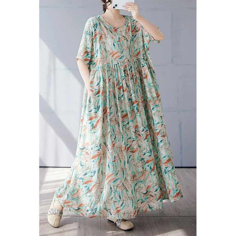 Women's Simple and Fashionable Long Skirt, Short Sleeved Round Neck Printed Dress