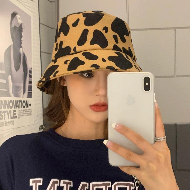 New Women Woolen Bucket Caps Trendy Cow Pattern Outdoor Travel Sun Hat Protection Fisherman Cap Fashion Shading Panama Hats