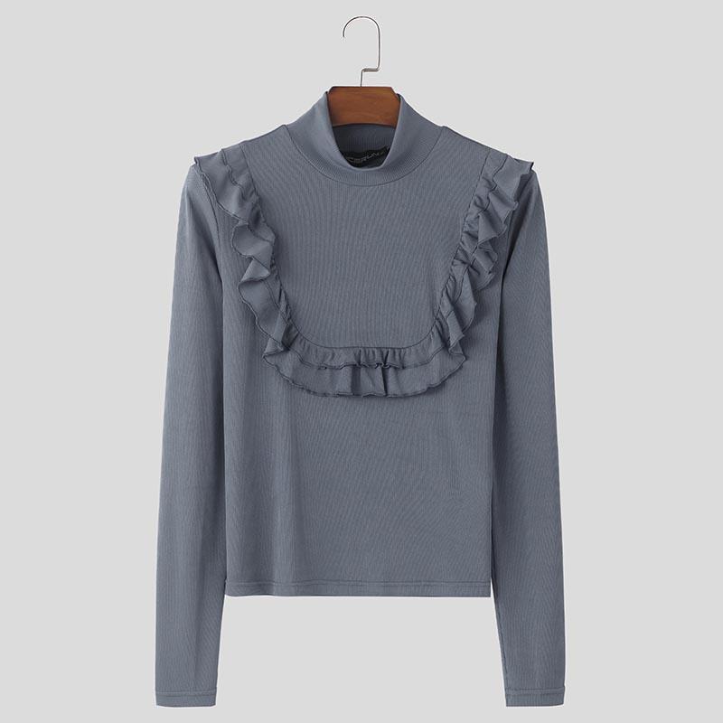 

INCERUN Мужские топы с воротником-стойкой и длинными рукавами, с оборками, облегающие майки 3XL