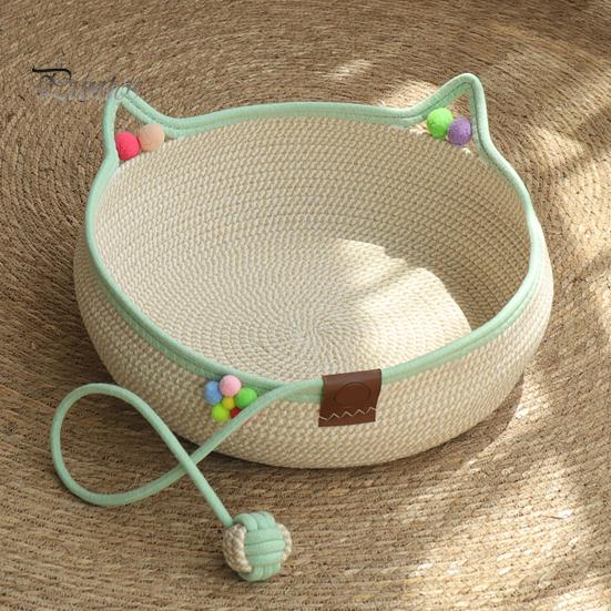 Cozy Cat Bed for All Seasons Handwoven Cotton Rope Bed, Scratchable Indoor Sleeping Basket, Breathable Woven with Pad Round Pet House Cats Kittens And