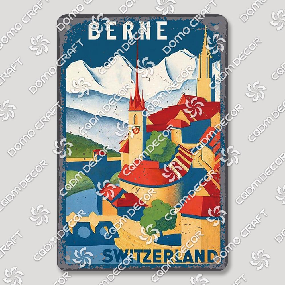 Suisse Plaque Scénique Panneau en Étain Affiche Métal Zurich Montreux Rigi Alpes Plaques Métalliques Décor Mural Rétro Café Salon Maison