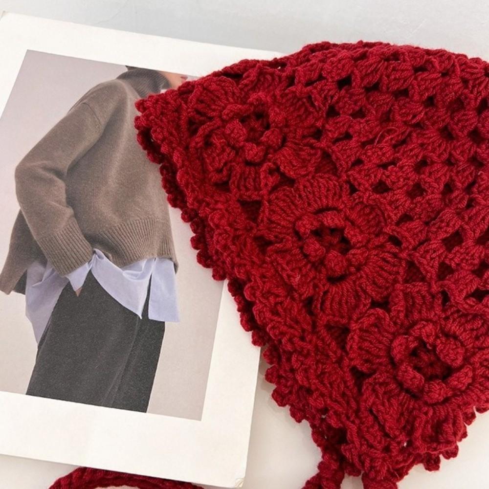 Casual Hollowed-out Flower Bonnet Hat Hand Woven Long Tassel Knitted Ear Protection Hat Windproof Pullover Hat