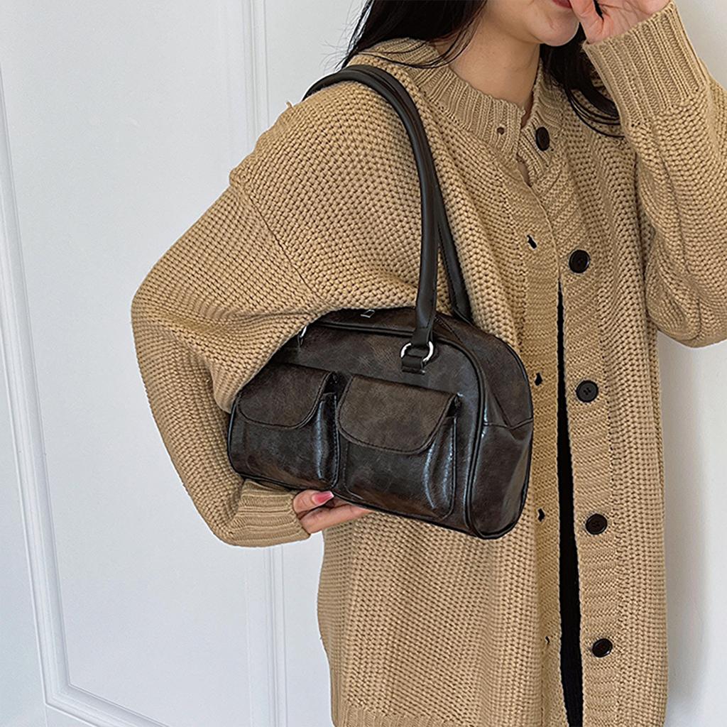 Vintage Shoulder Bag for Women Lightweight PU Handbag Large Capacity Double Zipper Multi-Pocket For Daily Commute