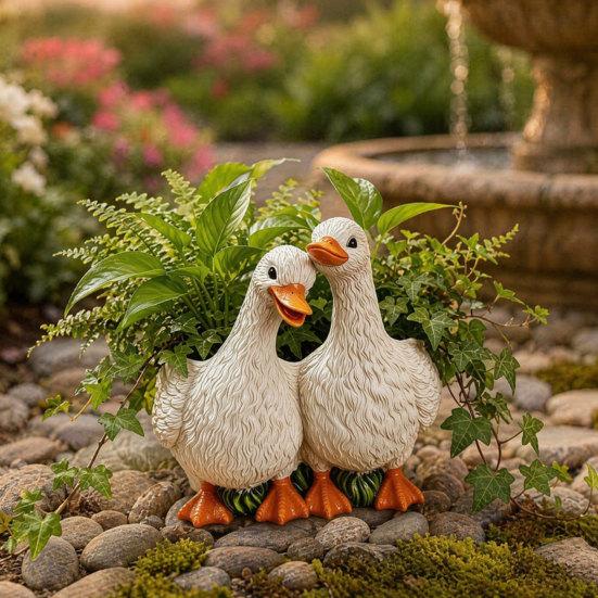 Resin Flowerpot Couple Duck Shape Planter with Drainage Holes Non-Slip Base