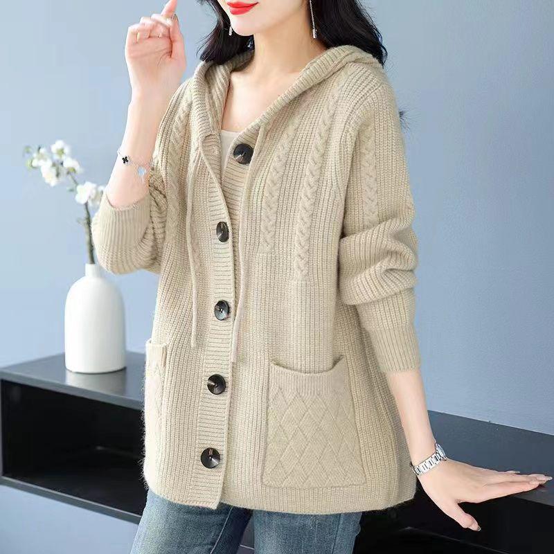 

Spring-Autumn Women s Hooded Knit Cardigan - Loose and Thick for Middle-Aged and Elderly Moms 3XL (135-145 Jin) брудно-білий