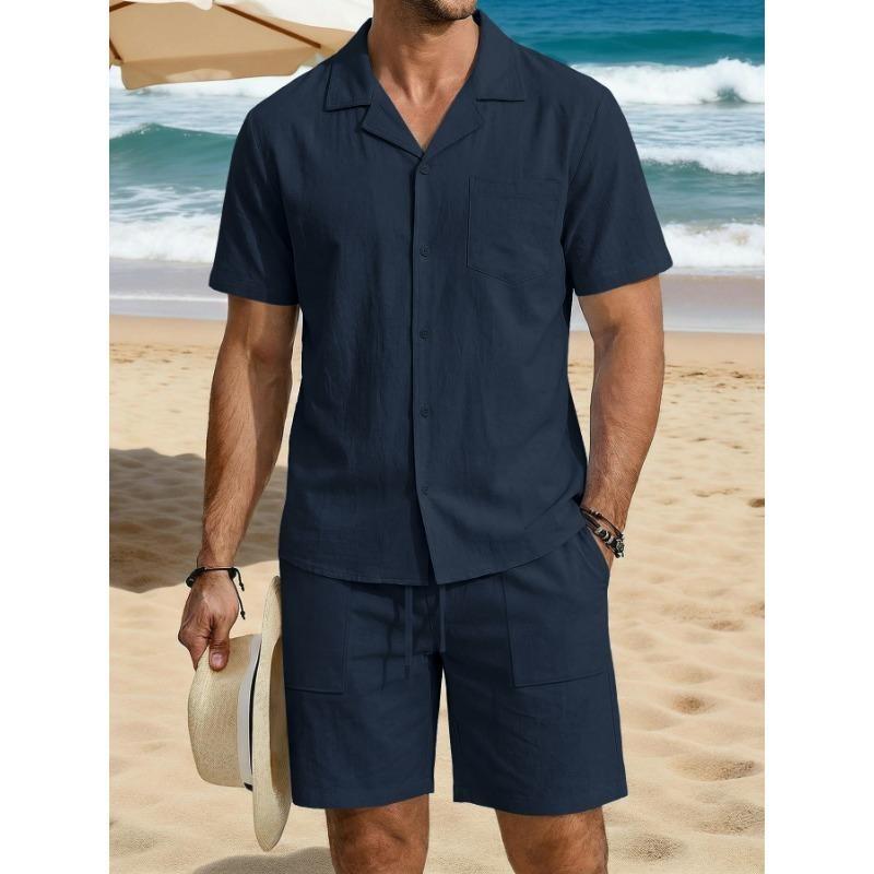 Mens Casual Linen Short Sleeve Shirt And Shorts Set