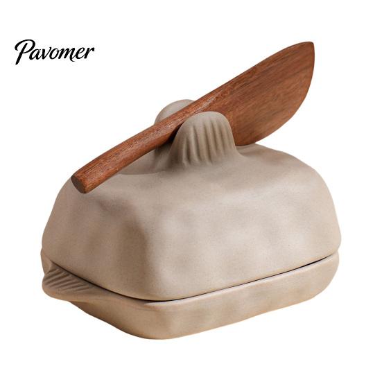 Minimalist Kitchen Decor Ceramic Butter Dish with Lid And Wooden Knife, Countertop Stoneware Container Tray, Keeper for Fridge Storage & Table Serving
