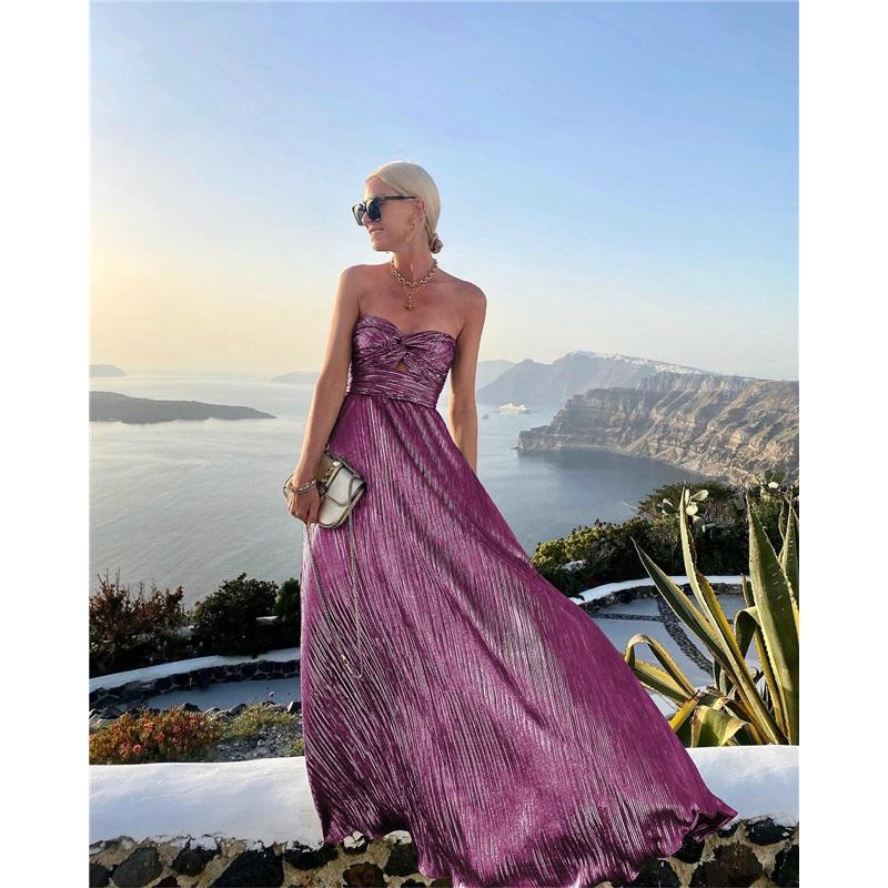 Ladies Summer New Sexy Chest Wrapped Bronzing Party Dress Solid Color Elegant Casual Big Swing Decoration Design Long Skirt