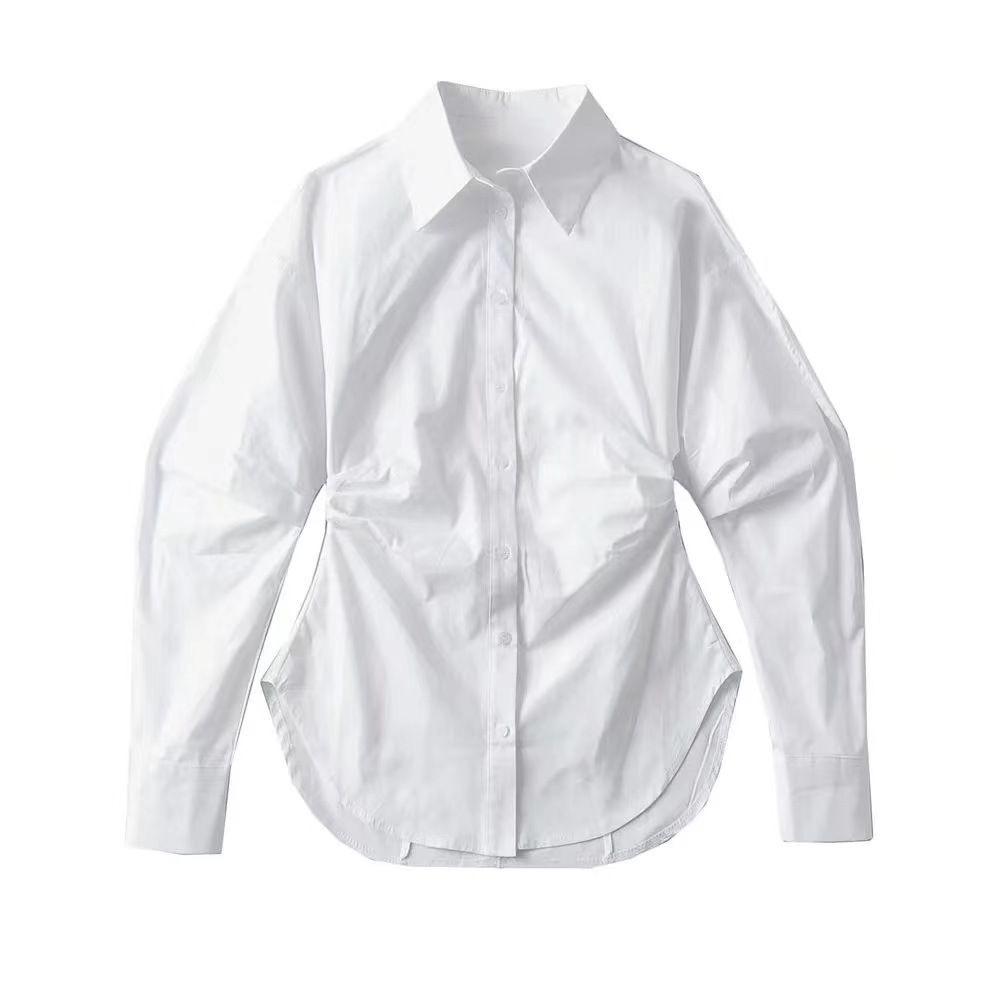 White Long-Sleeve Cinched Waist Slimming Top - Trendy Designer Style for Women, Perfect for Spring & Autumn