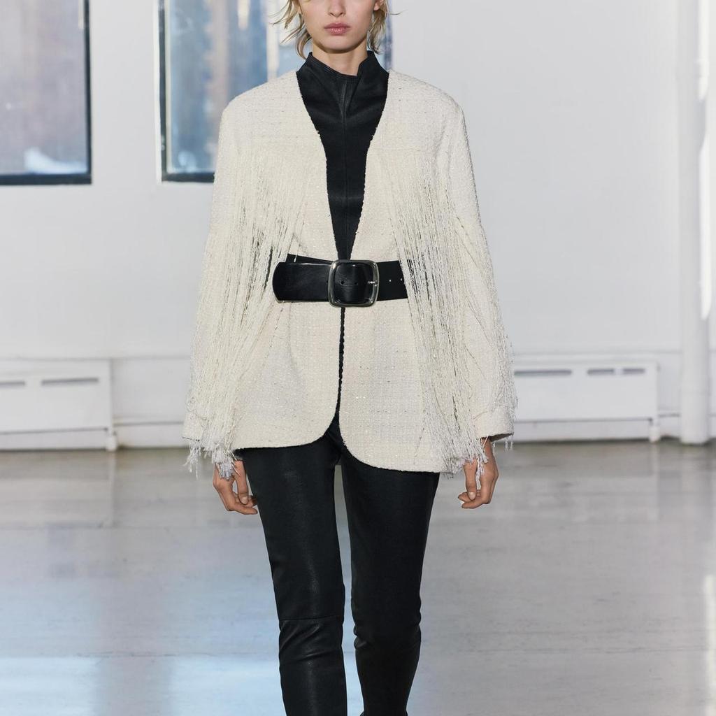 Zara Textured Fringe V-Neck Long Sleeve Jacket Women Jackets Beige 4786303-712