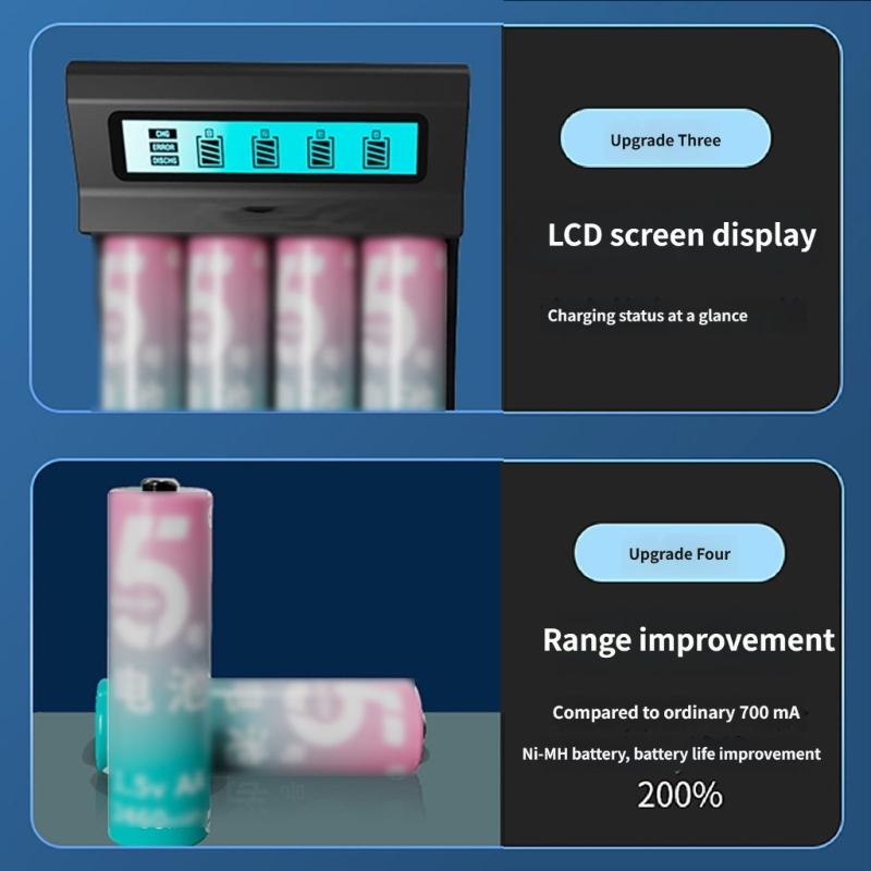 4 Slot Battery Chargers For 2A 3A Rechargeable Lithium NiMH Battery With LCD Display Type C Port Charging Adapter