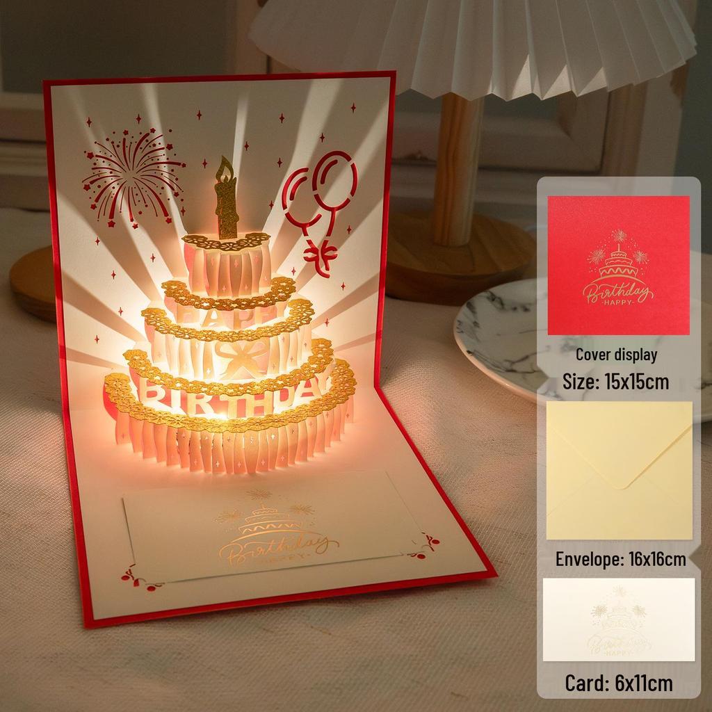 3D Pop-Up Birthday Sound Card with Recording Light - Cake Design for Boyfriend/Girlfriend Gift