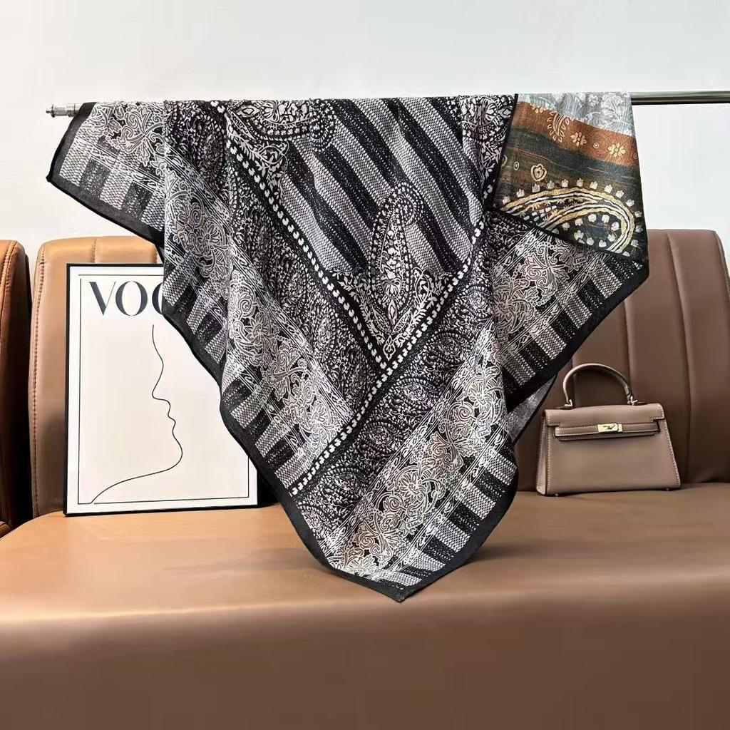 Imitation Velvet Silk Scarf Women'S 90 Square Scarf Double-Sided Heterochrome Splicing Printing Travel Beach Towel Sunscreen Shawl