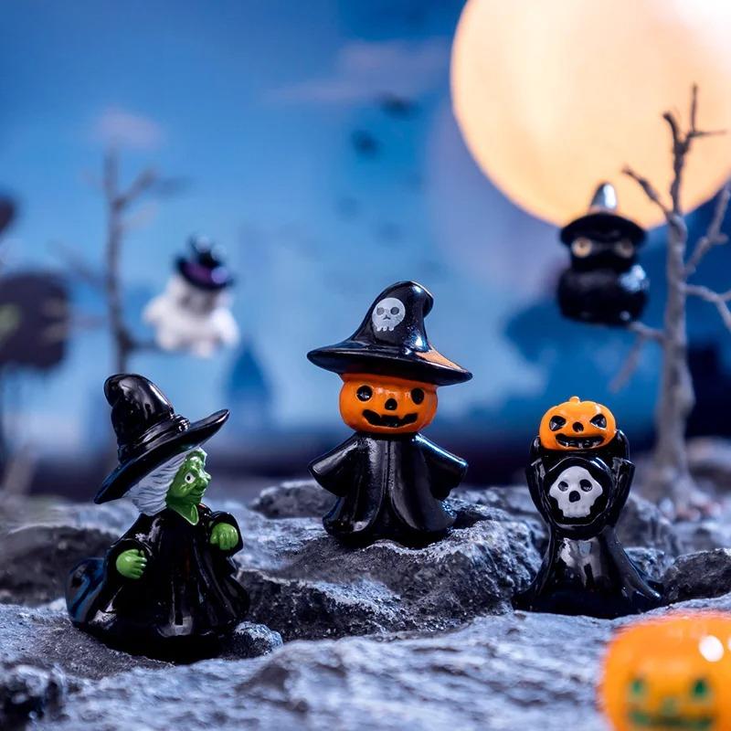 Mini Halloween Ornament Miniature Cartoon Witch Ghost Pumpkin Figurine Car Interior Desktop Decor Witch Pumpkin Small Ornaments